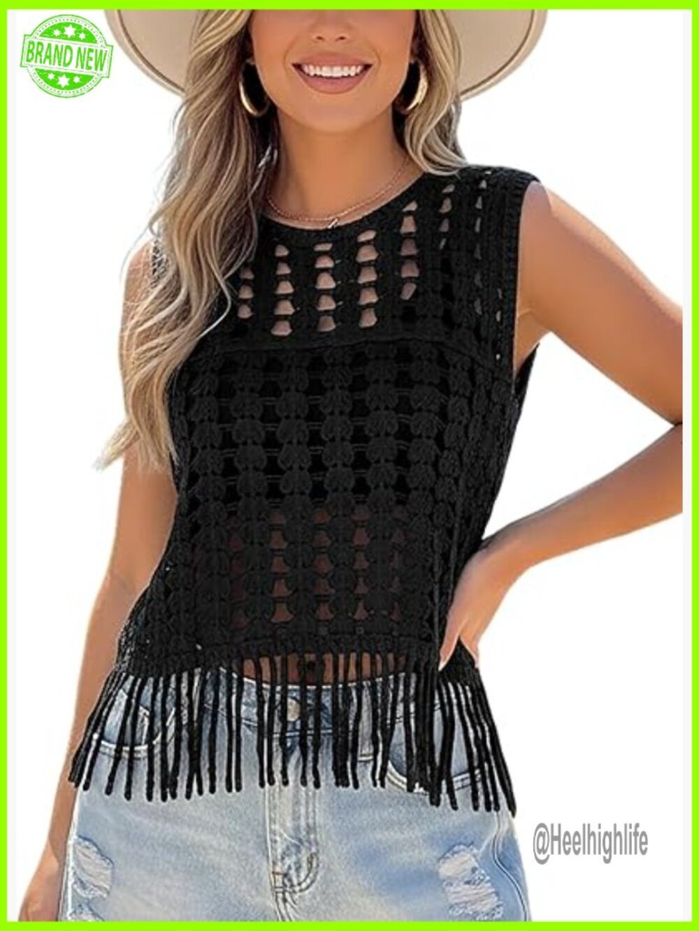 Crochet Tank Top Boho Cropped Sleeveless Fringe Hem Summer Cover Up Medium